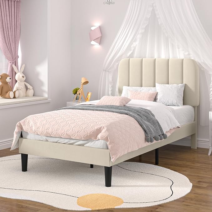 VECELO Twin Size Bed Frame with Upholstered Headboard, Velvet Platform Bedframe Mattress Foundation, Strong Wood Slat Support, No Box Spring Needed,Bone Beige