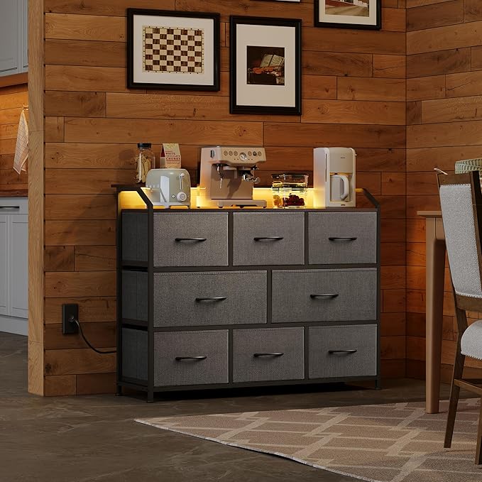 WLIVE Dresser for Bedroom, 8 Drawer LED Dresser with Outlet, Dark Grey | 8 roomy fabric drawers, LED ambient lighting, Built-in power outlet, Bedroom or living room, Chest of drawers