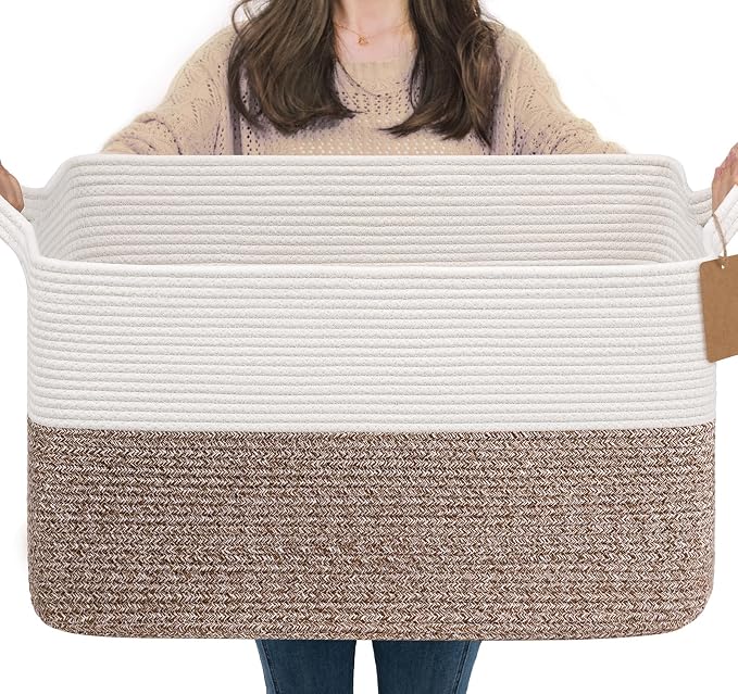 Goodpick 75L Extra Large Woven Rope Blanket Basket, Rectangle, Brown | 22" × 17" × 12" Decorative Storage Basket for Pillows & Clothes, Fits Living Room & Nursery Organization, Handles