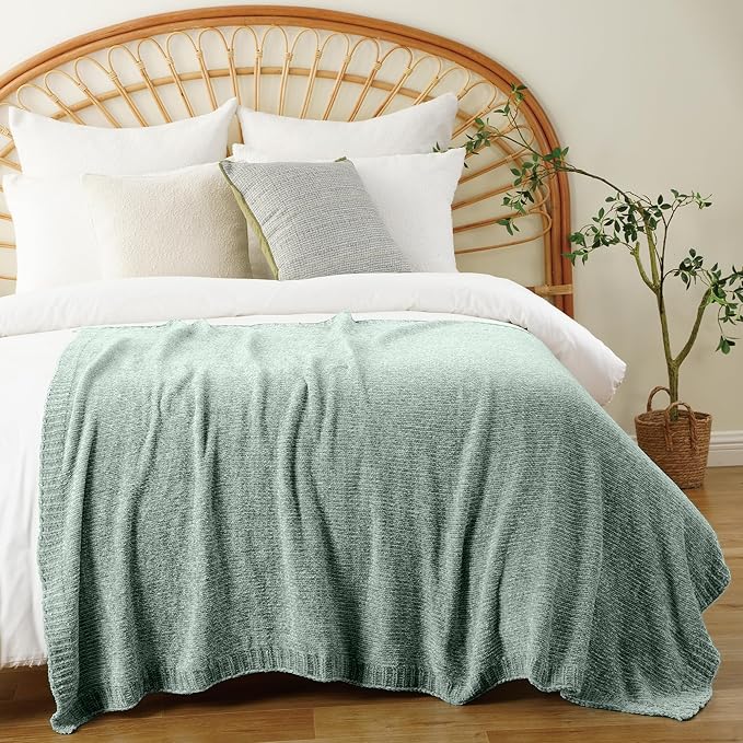 BATTILO HOME Sage Green Throw Blanket for Home Decor, Chenille Knit Throw Blanket for Couch, Sofa, Chair, Cozy Soft Blanket, 51"x67" | Shiny Chenille Blanket, Sage Knitted Blanket, Cozy Soft Spring Summer Blanket Throw, Warm & Midweight
