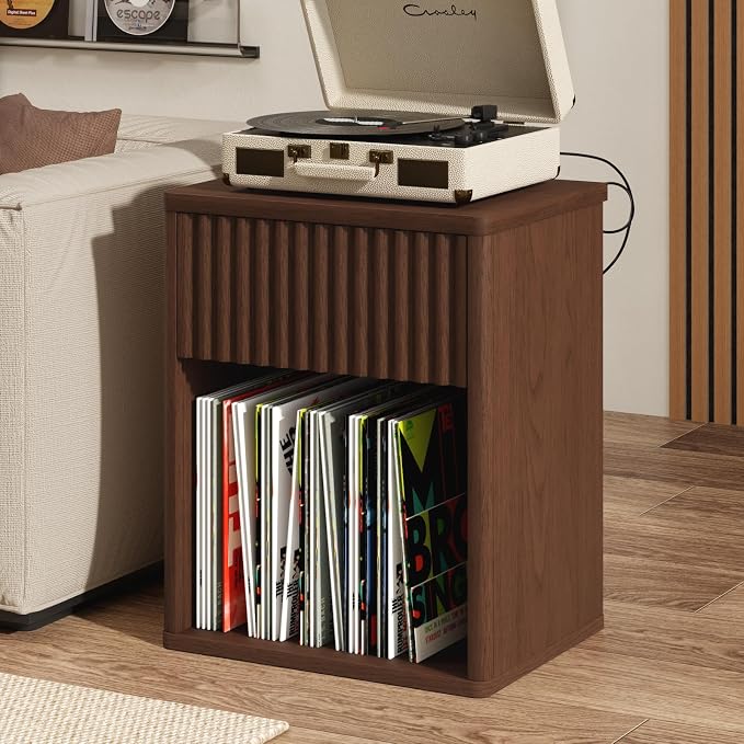 Fluted Nightstands Set of 2 w/Charging Station, Wooden End Table Bed Side Table with Curved Drawer, Mid Century Modern Fluted Night Stand with Rounded Edge for Bedroom, Living Room Sofa, Walnut