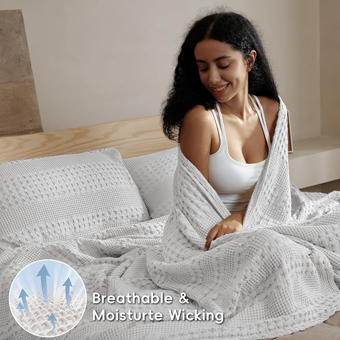 PHF Lightweight 100% Cotton Waffle Blanket for Bed, Queen, Light Grey | Pre-Washed Soft Cotton Comfort, Breathable Layering Warmth for Fall & Winter, Bed, Sofa, Couch, Home Decor & Gifts