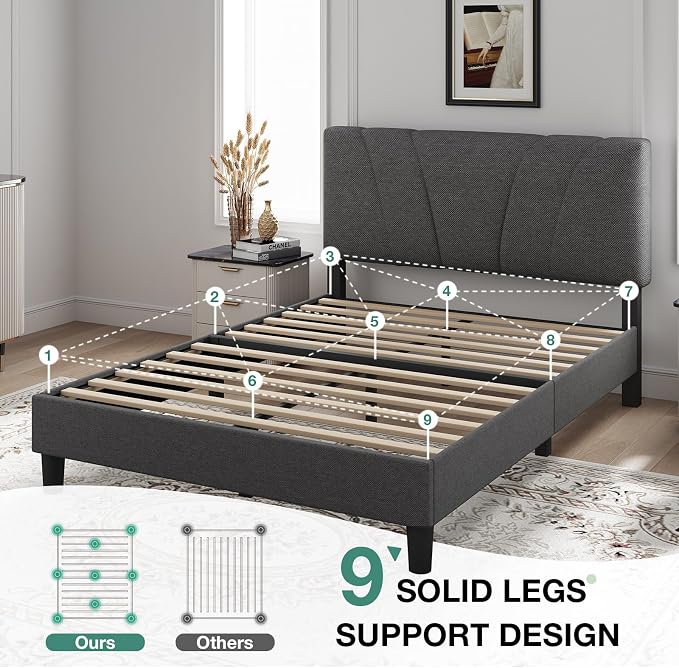 Novilla Queen Size Bed Frame Upholstered Queen Bed Frame with 3-Height Adjustable Headboard, Strong Weight Capacity, No Box Spring Needed, Easy Assembly, Grey