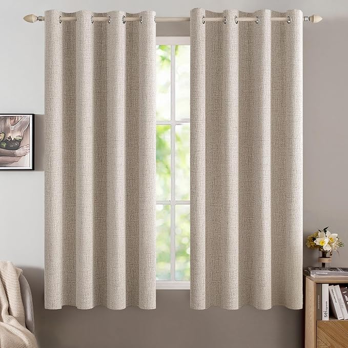 MIULEE 100% Blackout Linen Curtains for Bedroom 52x63 Inches Natural | Room Darkening, Light Blocking, Thermal Insulated, Grommet Top, Linen Textured, Window Curtains for Living Room, 2 Panels
