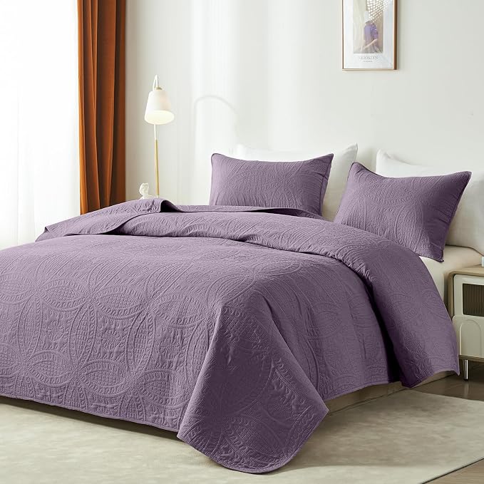 akkialla Grayish Purple Twin Quilt Set, Ultrasonic Lightweight Bedspread Coverlet for Modern Minimalist Bedroom, Soft Microfiber Coin Pattern Bedding, 2-Piece (1 Quilt, 1 Pillow Sham) | Breathable fabric