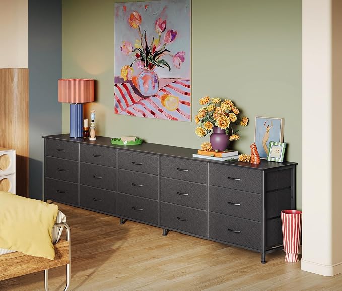 Huuger 86.6 Inch Long Dresser for Bedroom, TV Stand for 65, 75, 85 Inch TV | 15 Large Fabric Drawer Dresser, Entertainment Center for Bedroom, Wide Chest of Drawer with Storage
