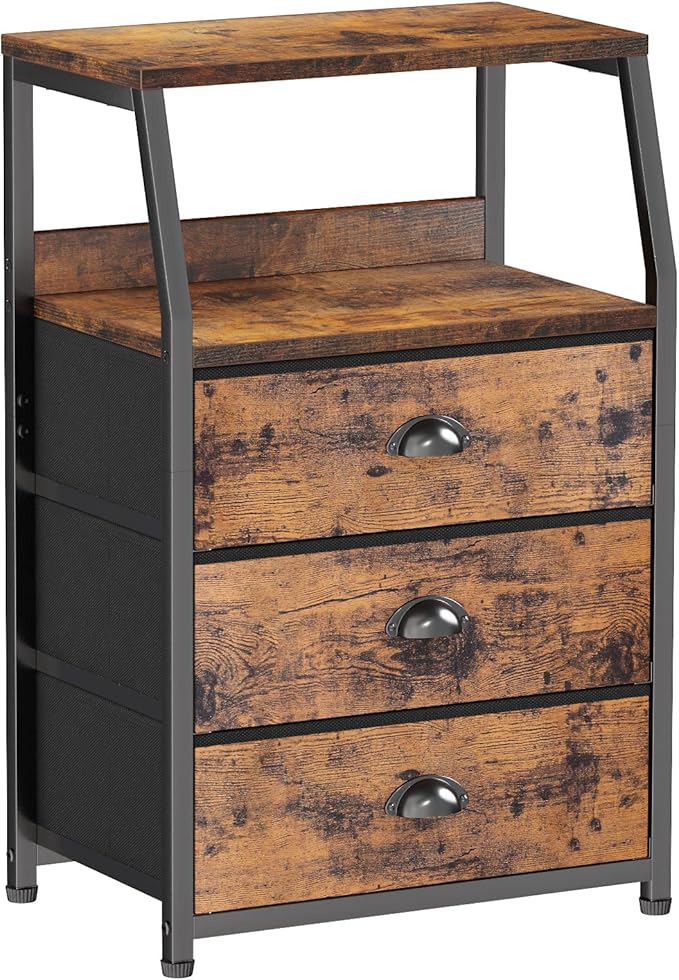 Furnulem Nightstand with 3 Fabric Drawers, Small Bedroom Storage Cabinet | Rustic Brown Dorm Night Stand, Small Dresser Organizer Storage Tower for Closet,Living Room, Bedside Table with Metal Frame