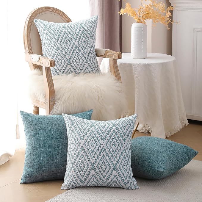 HPUK Throw Pillow Covers 20x20, Set of 4, Blue Textured Couch Pillow Covers | Polyester fabric, patterned and solid designs, hidden zippers, machine washable, for sofas and beds, inserts not included