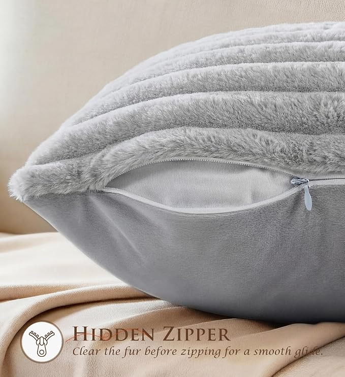 Pack of 2 Throw Pillow Covers 20x20 Decorative Solid Plush Faux Fur with Soft Velvet Back, Square Striped Cushion Cases Modern Farmhouse Home Decor for Living Room Couch Sofa Bed Neutral Gray