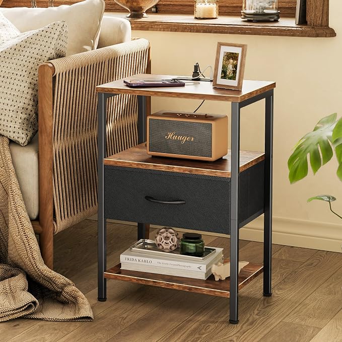 SUPERJARE Nightstand with Charging Station, Bed Side Table with Adjustable Fabric Drawer, Night Stand for Bedroom, 3-Tier Storage End Table, for Living Room, Rustic Brown and Black | Night Stand for Bedroom, with Adjustable Fabric Drawer, 3-Tier Storag...