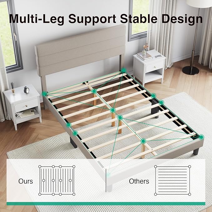 Novilla Queen Bed Frame, Queen Size Bed Frame with Wooden Slats Support, Linen Upholstered Stripe Headboard, No Box Spring Needed, Heavy Duty Feet, Easy Assembly, Beige