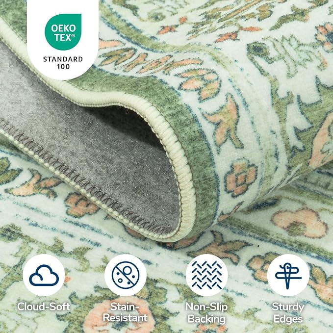 Area Rugs 8 x 10 for Living Room,Large Washable Carpet Light Green | Durable Stain Resistant,Kid Pet Friendly,Compatible with All Vacuums,0.25inch Low Pile for Bedroom Dining Room Home Office