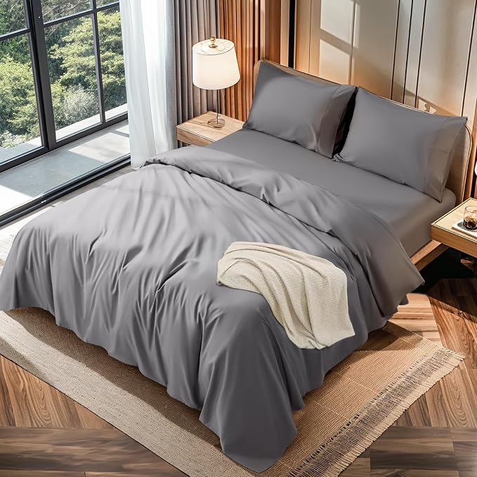 LBRO2M 100% Egyptian Cotton Sheets 1200 TC, Deep Pocket 16", 4Pcs, King | Long Staple Cotton Bed Sheets, Extra Soft and Breathable Sheets, Cozy for All Seasons, Gray