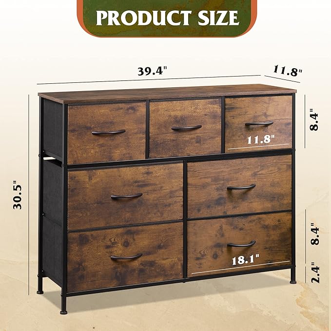WLIVE Dresser for Bedroom, 7 Drawers, TV Stand, Rustic Brown Wood Grain | 7 roomy fabric drawers, Fits TVs up to 45 inch, Bedroom or living room, Wide storage design, Chest of drawers
