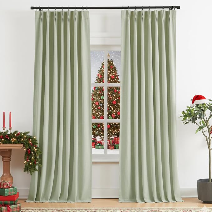 Vision Home Soft Green Pinch Pleated Full Blackout Curtains Linen Blended Room Darkening Curtain Panels 84 inch for Living Room Bedroom Thermal Insulated Pinch Pleat Drapes with Hooks 40" Wx84 Lx2