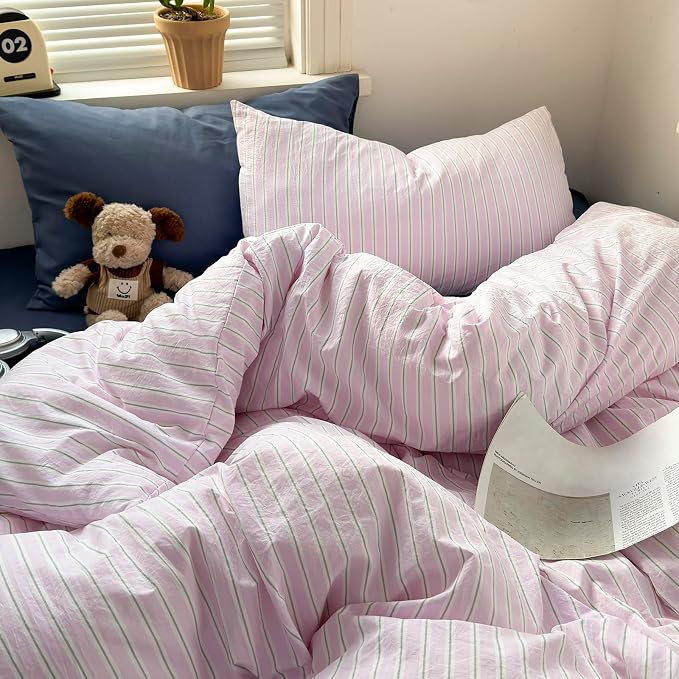 mixinni Pink White Striped Duvet Cover Twin XL Size, 3-Piece Washed Microfiber Vintage Striped Bedding Set, Soft Aesthetic Stripe Pattern Duvet Cover with Zipper Closure & Corner Ties for Women Girls