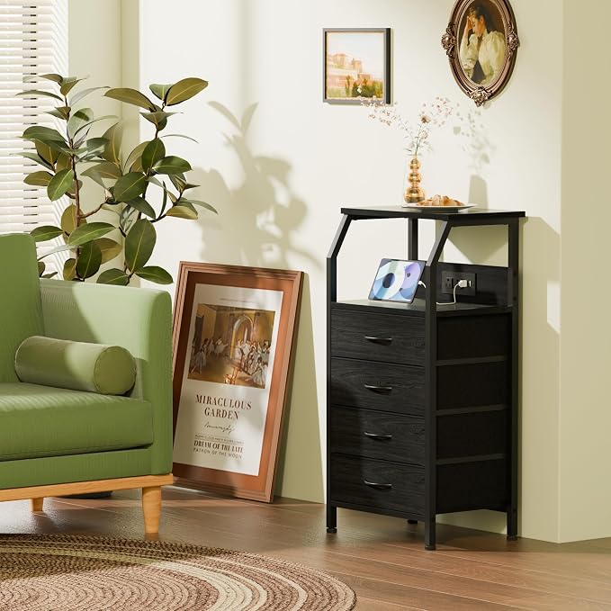 Furnulem Tall Night Stand with Charging Station, 4 Drawers Bedside Table | Small Black Dresser, 33.3 Inch Tall Dorm Nightstand, Fabric Drawers, Storage Tower for Closet, Bedroom, 3 Ways to Use