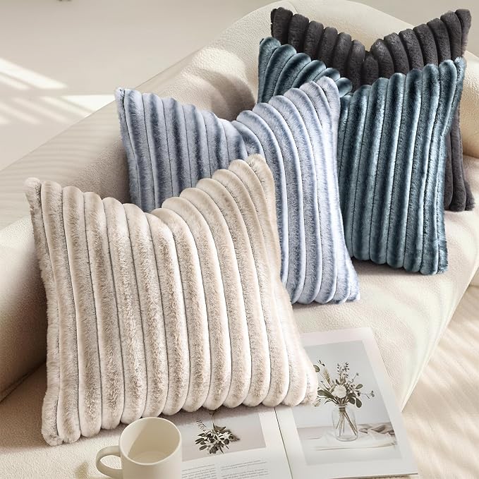 decorUhome Fall Faux Fur Throw Pillow Covers 18x18 Set of 2 Dark Grey | Decorative Soft Cozy Striped Plush Modern Farmhouse Boho Couch Pillow Cases Velvet Back for Sofa Bed Living Room Home Decor
