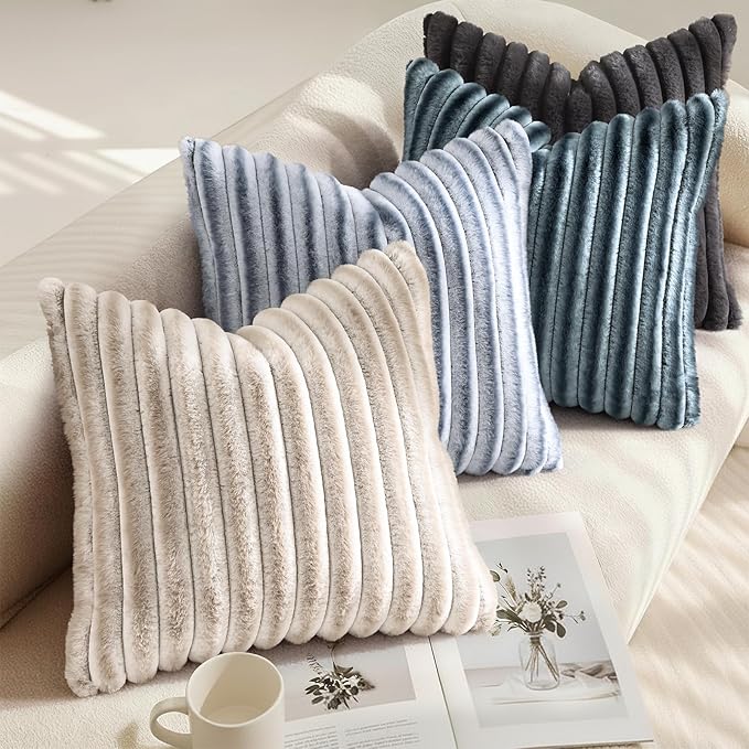 decorUhome Fall Faux Fur Throw Pillow Covers 26x26 Set of 2 Dark Grey | Decorative Soft Cozy Striped Plush Modern Farmhouse Boho Couch Pillow Cases Velvet Back for Sofa Bed Living Room Home Decor