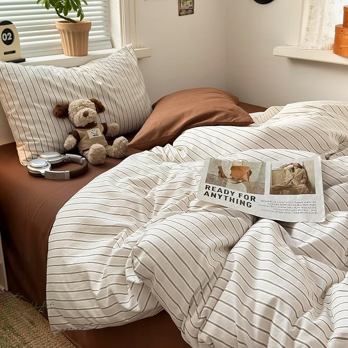 mixinni Vintage Striped Duvet Cover Set Queen Size, 3 Piece Premium Washed Microfiber Minimalist Beige Brown Stripes Bedding, Neutral Comforter Cover with Hidden Zipper & Corner Ties for Men Women
