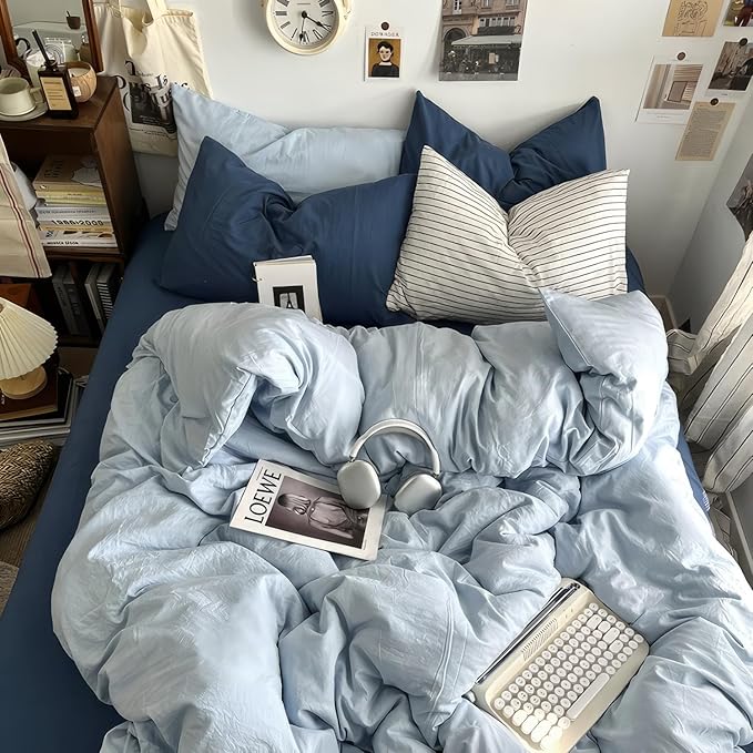 mixinni 100% Washed Cotton Duvet Cover Set Twin Size, Solid Light Blue Ocean Themed Chic Bedding, Soft Breathable Minimalist Comforter Cover with Zipper Closure & Corner Ties-Twin Size