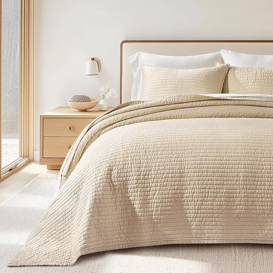 EVERGRACEHOME Cotton Sateen Quilt Set, King Size, Light Sand | 100% Cotton, Channel Stitch Coverlet Bedspread, Pre-Washed Lightweight Soft Bedding Set for All Season, 3 Piece, with 2 Shams