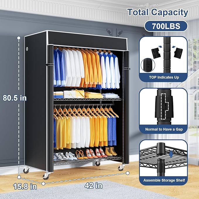P8C Pro Heavy Duty Clothes Rack（With Extended Width Design） Rolling Clothing Racks for Hanging Clothes with Lockable Wheels，42" W x 15.8" D x 80.5" H，Load 700LBS，Black Rack with Black Cover