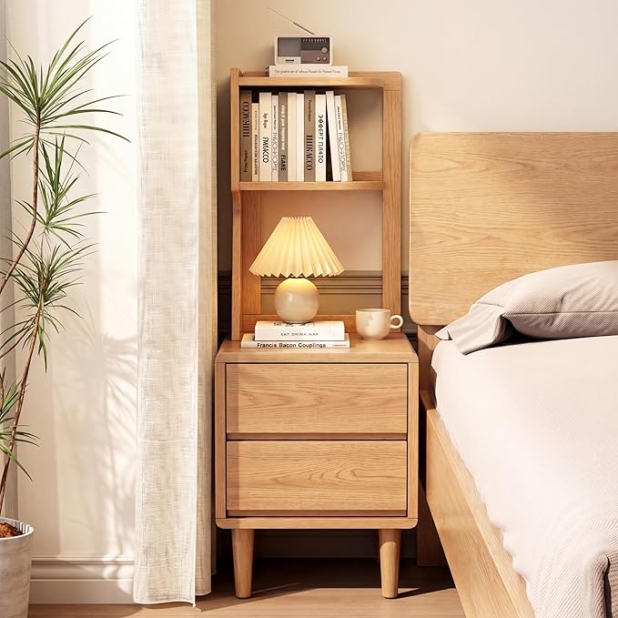 Solid Wood Bookshelf Nightstand Combo, Tall Nightstand with Bookshelf | Oak Nightstand Bookshelf,Solid Wood Nightstand with Drawers,Open Shelf Bookcase,for Bedroom,Living Room,Offices