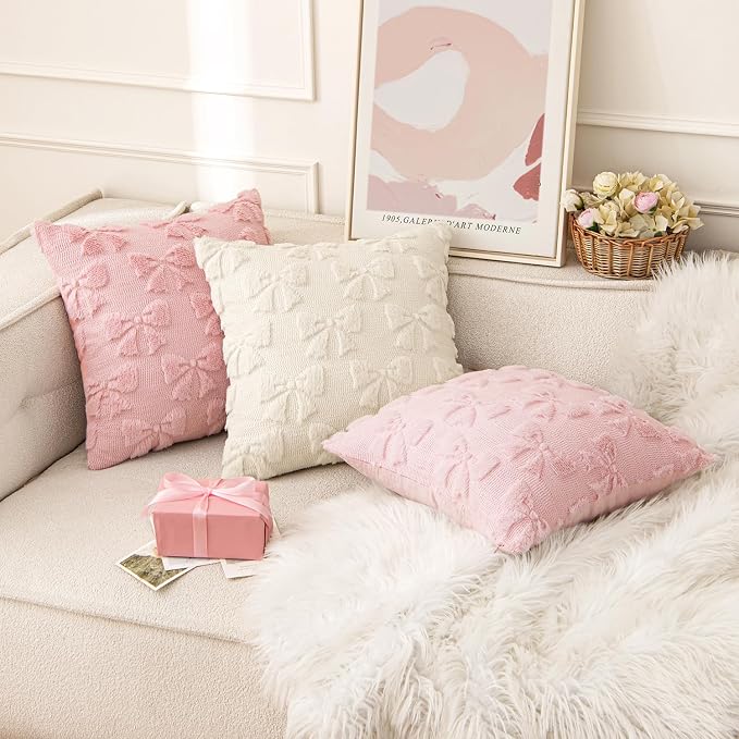 MIULEE Pink Bow Pillow Covers Coquette Room Decor 18x18 | Aesthetic Decorative Cute Girl,Set of 2 Cushion Covers,Soft Plush Faux Pillowcases,Preppy Room Decor Bedroom Couch