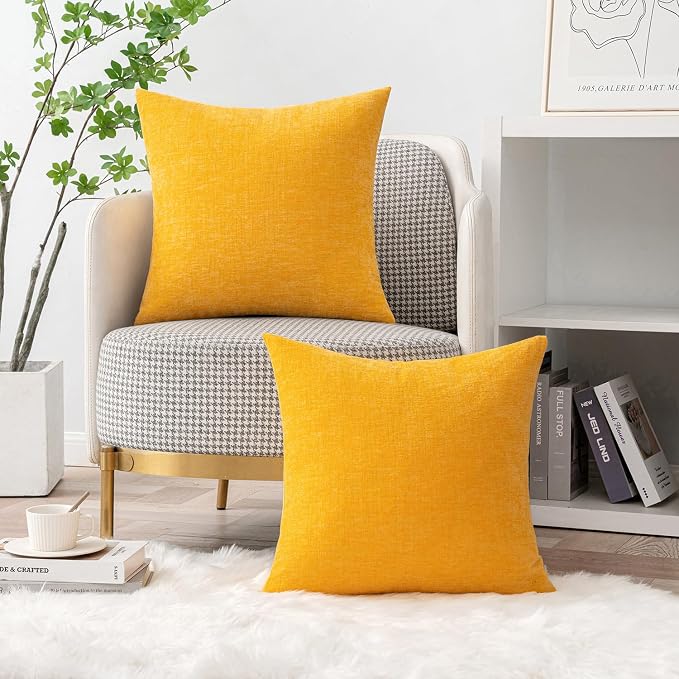 MIULEE Soft Chenille Throw Pillow Covers Goose Yellow 18x18 Inch Pack of 2 | Modern Home Decor, Classic Decorative Pillows, Solid Dyed Cases, Boho Couch Cushion Covers for Sofa Bed Living Room