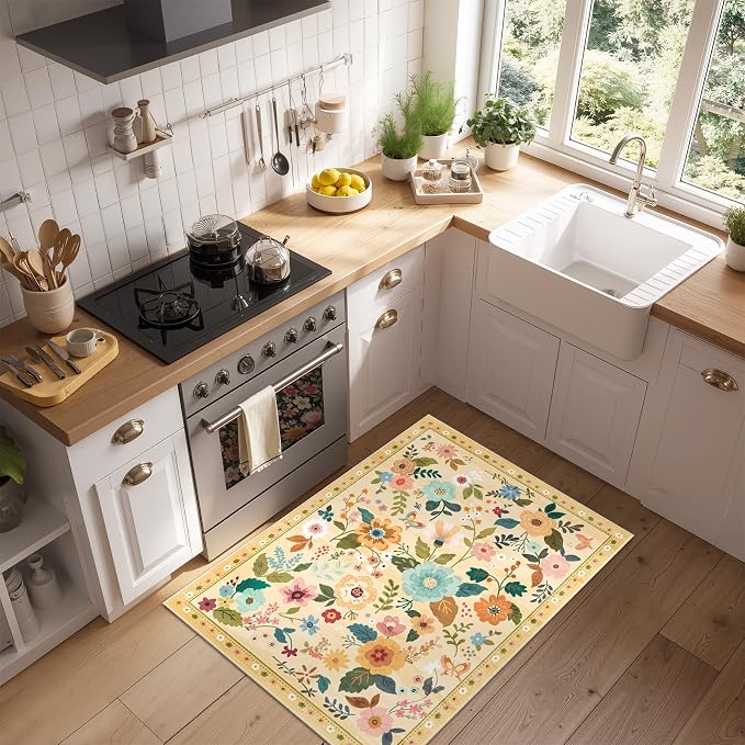 RELEANY Floral Washable 2x3 Area Rugs Doormat Yellow/Orange | Flower Carpet, Print, Boho, Non-Slip, Easy to Clean, Soft, Low Pile for Living Room Bedroom Kitchen Office Entryway Hallway