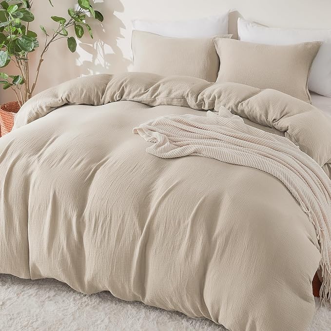 EMME Muslin Cotton Duvet Cover Set King Size Linen Like Soft Breathable Lightweight Summer Comforter Cover Set with Zipper Closure (King, 104"x90")