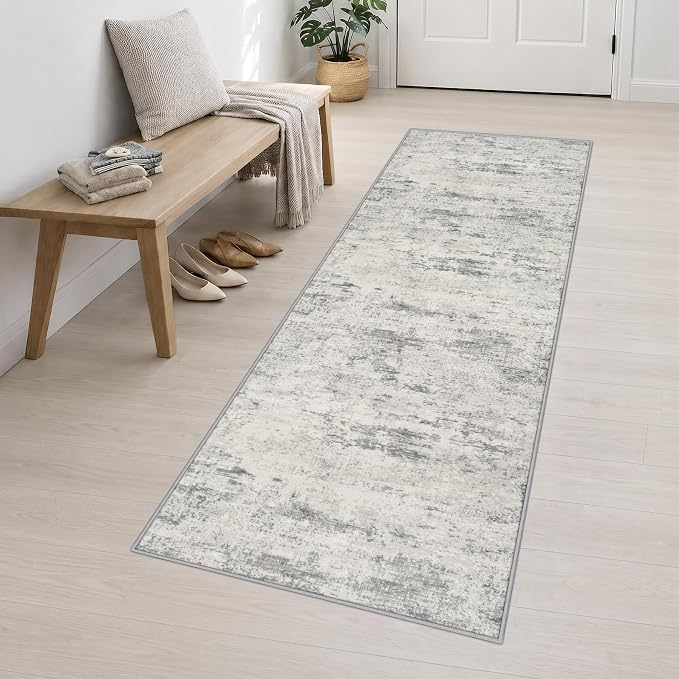 2.6x10 Washable Runner Rug:Modern Abstract Indoor Soft Carpet Gray | For Hallway, Bedroom, Kitchen, Laundry, Bathroom,Door Mat,Modern Abstract,Machine washable,Non-Slip,Stain Resistant,Indoor