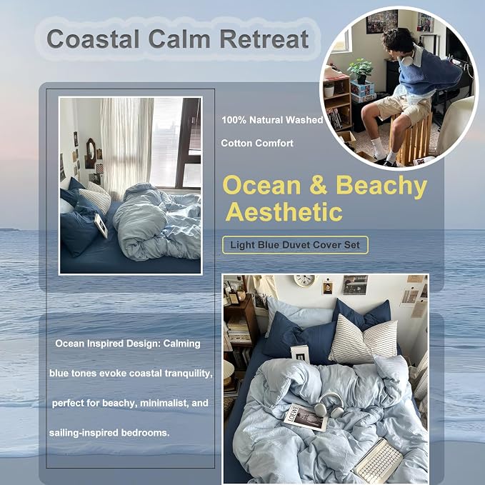 mixinni 100% Washed Cotton Duvet Cover Set Twin XL Size, Solid Light Blue Ocean Themed Chic Bedding, Soft Breathable Minimalist Comforter Cover with Zipper Closure & Corner Ties-Twin XL Size