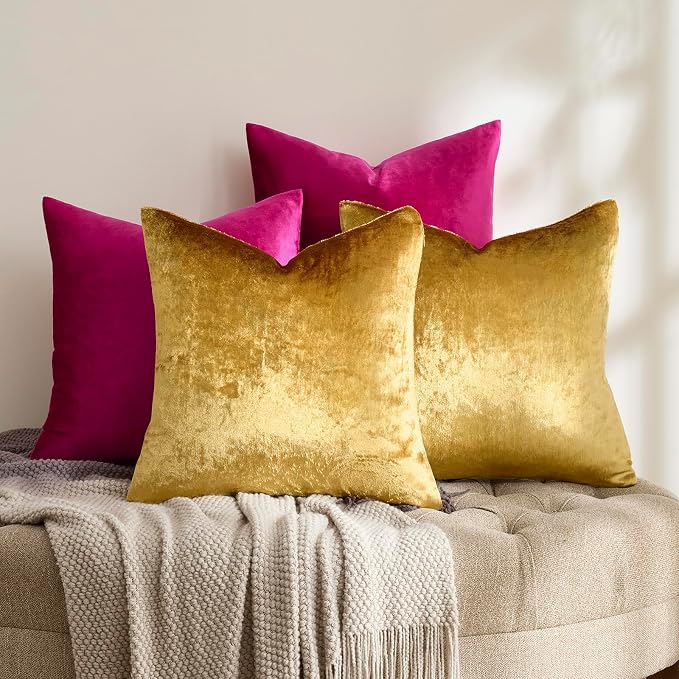 GIGIZAZA Pack of 4 Decorative Velvet Pillow Covers 18x18 Hot Pink Gold | Throw Pillows for Couch Sofa,280gsm Soft Textured Fabric,Modern Accent Pillowcases,Luxury Living Room Cushion Covers