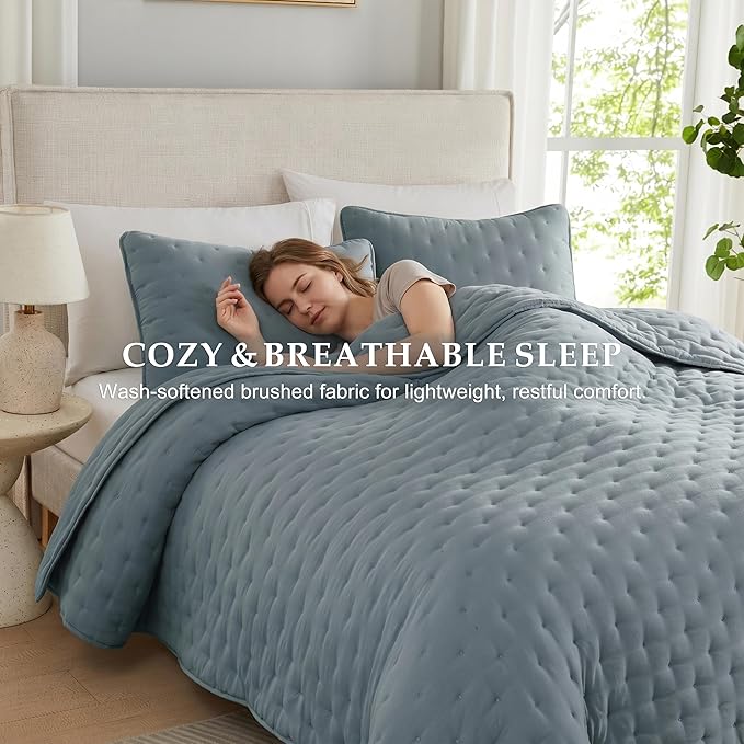 WDCOZY Dusty Blue Cloud Queen Size Quilt Set, Tan Lightweight Farmhouse Bedspread, Rustic Country Coverlet, Taupe Camel Soft Bedding, Thin Comforter for All Season - 3 Pieces, 90x90 inches