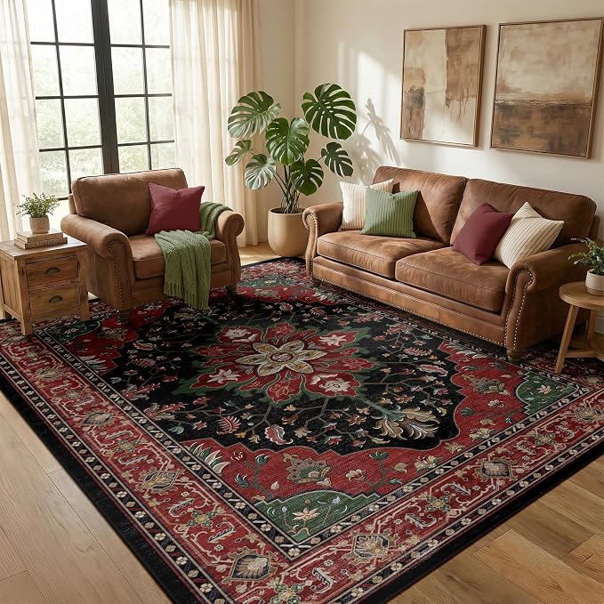 RELEANY Washable Area Rug, 5'x7', Red/Black | Non-Slip, Water Repellent, Pet Friendly, Easy to Clean, Vintage Floral Boho Decor for Living Room Bedroom Dining Room Office