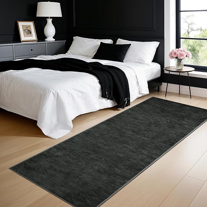 2.7x6 Washable Area Rug, Black Solid Area Rugs for Living Room & Bedroom | Stain-resistant & Non-slip backing,Low Pile Washable Large Carpet, Solid Vintage Style For High Traffic Areas(2.7x6,Black)