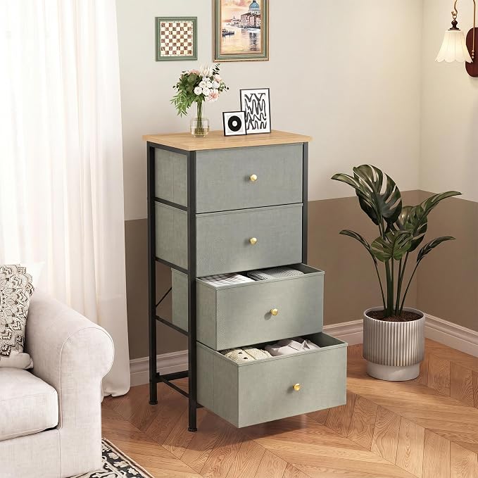 DUMOS Night Stand with Drawers, Bedside Table for Bedroom | Nightstand with 4 Removable Fabric Bins, Steel Frame with Wood Top, Small Storage Tower for Bedroom Closet, Greyish Green