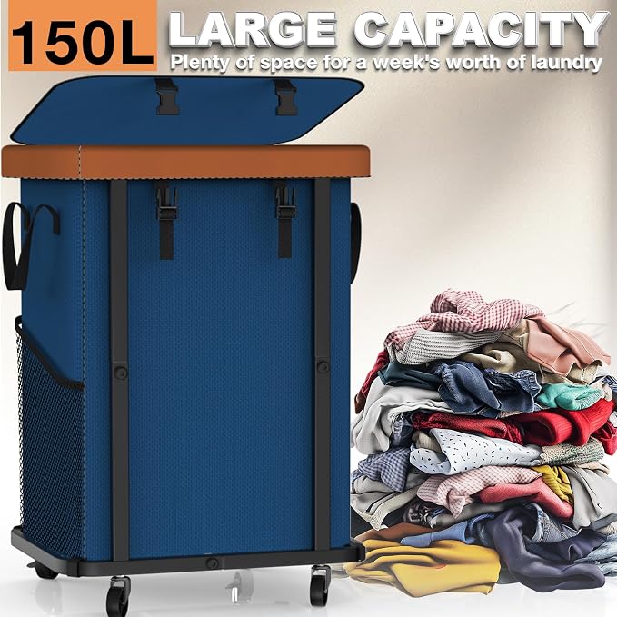 Laundry Basket with Wheels,150L (40 Gal) Rolling Hamper Carts - Navy Blue | Leather Patchwork Laundry Hamper,Sturdy Metal Frame, Removable Washable Bag, Tall Clothes Sorter for Bedroom, Laundry Room