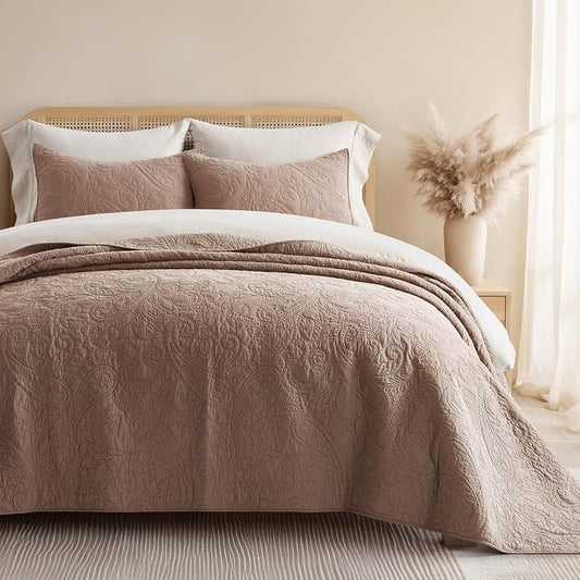 EVERGRACEHOME 100% Cotton Paisley Quilt Set, Queen Size, Dusty Brick | Prewashed for Softness, Year-Round Breathability, Gift-Ready Box, Matelasse-style Quilted Coverlet, 3 Piece Set with 2 Shams