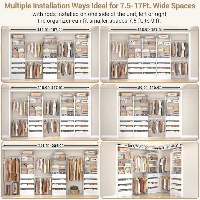 Aheaplus Closet System with 12 Drawers, 8.5-11.5Ft Wood Closet Organizer | White Closet Storage with 4 Hanging Rods & 3 Towers, 4Ft & 6Ft L-Shaped Walk-in Closets Wardrobe Organizer, Set of 3
