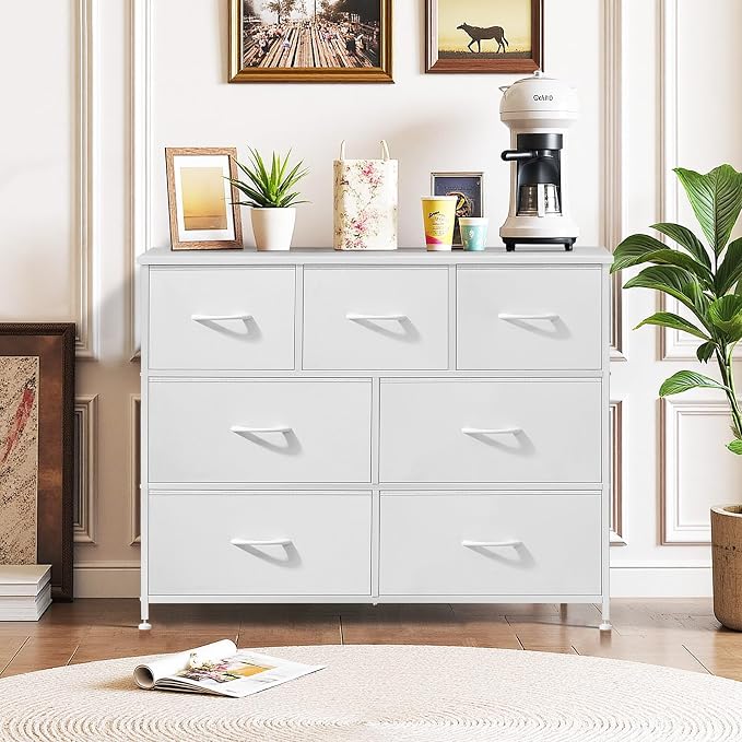 7-Drawer Dresser for Bedroom, Anti-Tip Wide Storage Organizer Fabric | Chest of Drawers TV Stand for 45" TV with Wooden Top and Metal Frame for Closet, Living Room, Hallway, Entryway, White