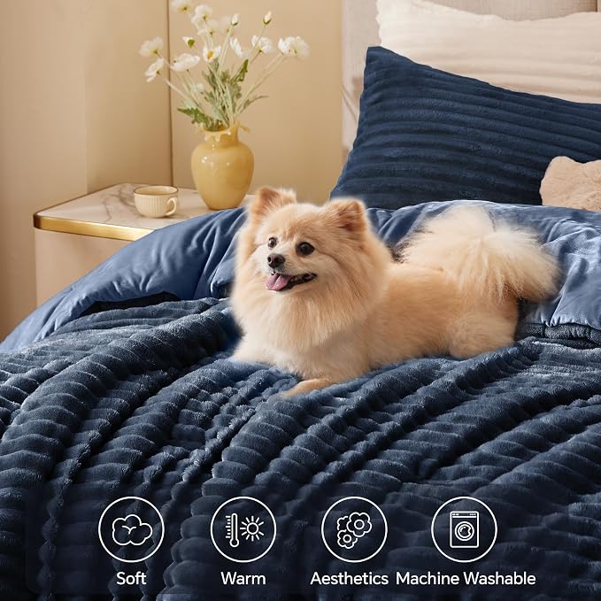 BEDELITE Fleece Full Comforter Set, Fluffy Bed Set, Navy Blue | Super Soft & Warm Bedding, Luxury Fuzzy Faux Fur Comforter for Winter, Heavy Plush Bedding, with 2 Pillowcases