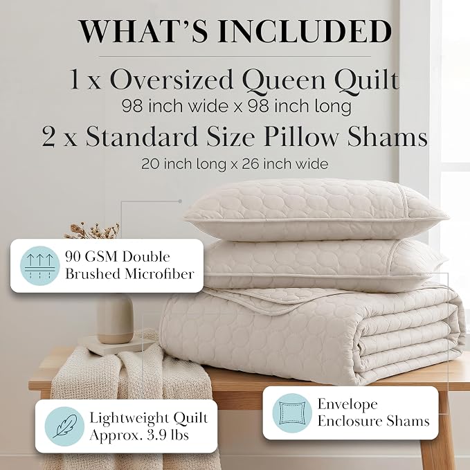Southshore Fine Living, Inc. Quilted Summer Bedspread, Summer Bedding Sets Queen with 2 Quilted Pillow Shams, Geometric Circle Design Coverlet Queen/Full Size Bedspread, Lightweight Quilt, Bone