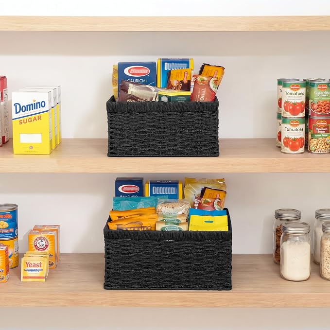 StorageWorks Wicker Storage Baskets for Organizing, Black Baskets, 2-Pack | Paper Rope Wicker Baskets with Handles, Black Storage Baskets for Shelves, Black Wicker Baskets, Woven Baskets