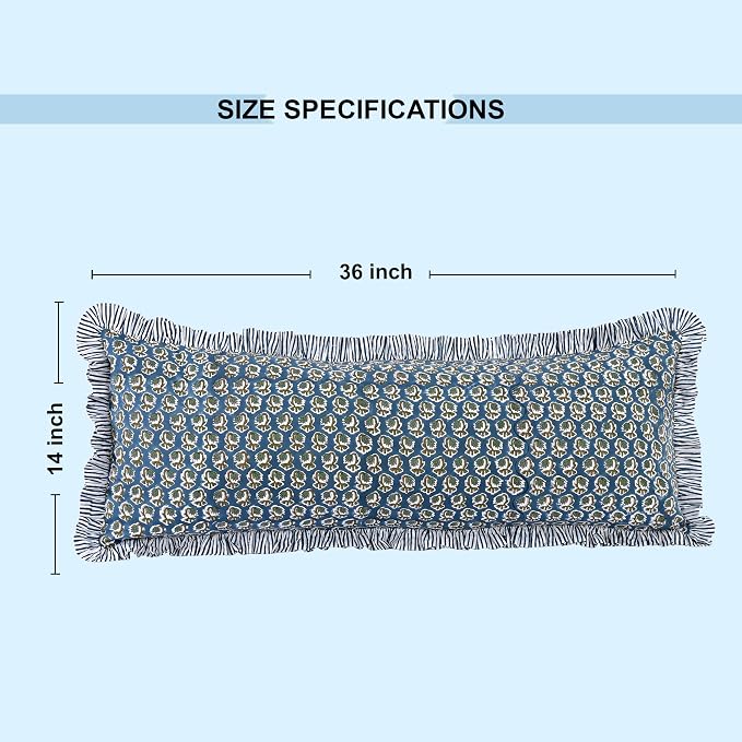Ridhi Block Print Peacock Blue Ruffle Lumbar Pillow Shams, 14" x 36" Set-1 | 100% cotton, Floral Pillowcase, Cushion Cover, Hidden Zipper, Cottagecore Bedding, farmhouse boho style, fits couch, sofa,Bed