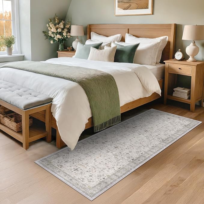 Washable 2x7 Runner Rug for Bathroom, Vintage Boho Light Gray & Sage Runner Rug for Hallway, Kitchen, Door Mat Indoor Entrance, Bedroom Beside Bed, Non-Slip Low-Pile Stain Resistant