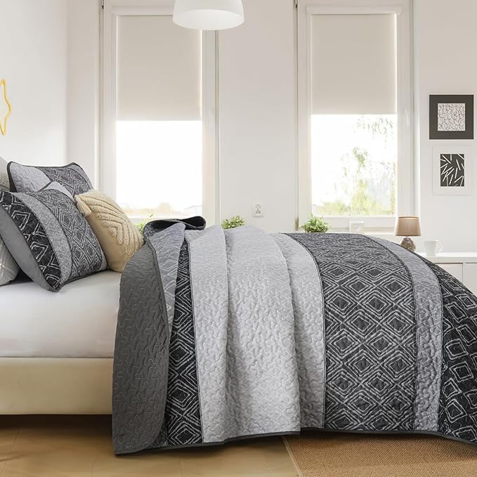 Cottolester Full Size Quilt,3 Pcs Black White Grey Striped Bedspread | Summer Lightweight Coverlets Set for Men Women,Soft Microfiber Patchwork Quilt Bedding Sets for All Seasons 78"x90"