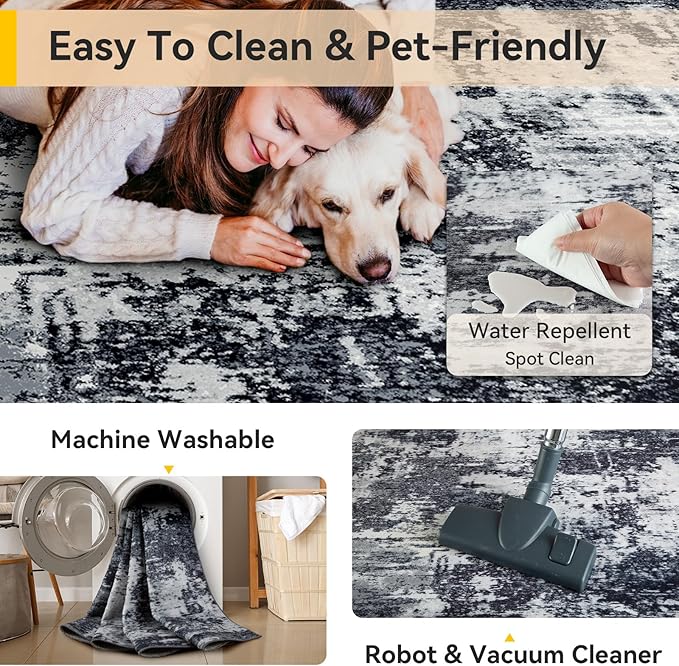 RELEANY Washable 6'x9' Abstract Area Rug for Living Room Black White | Carpet for Bedroom, Kitchen, Office, Hallway and Entryway, Printed Pattern, Non‑Slip, Soft, Stain‑Resistant, Easy to Clean